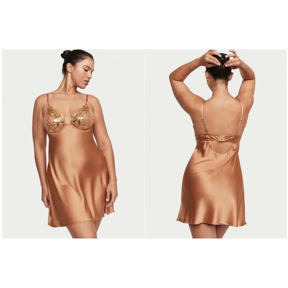 Victoria's Secret XL‎ Bronze Sequin Floral Underwire Slip Dress Gold Embroidery